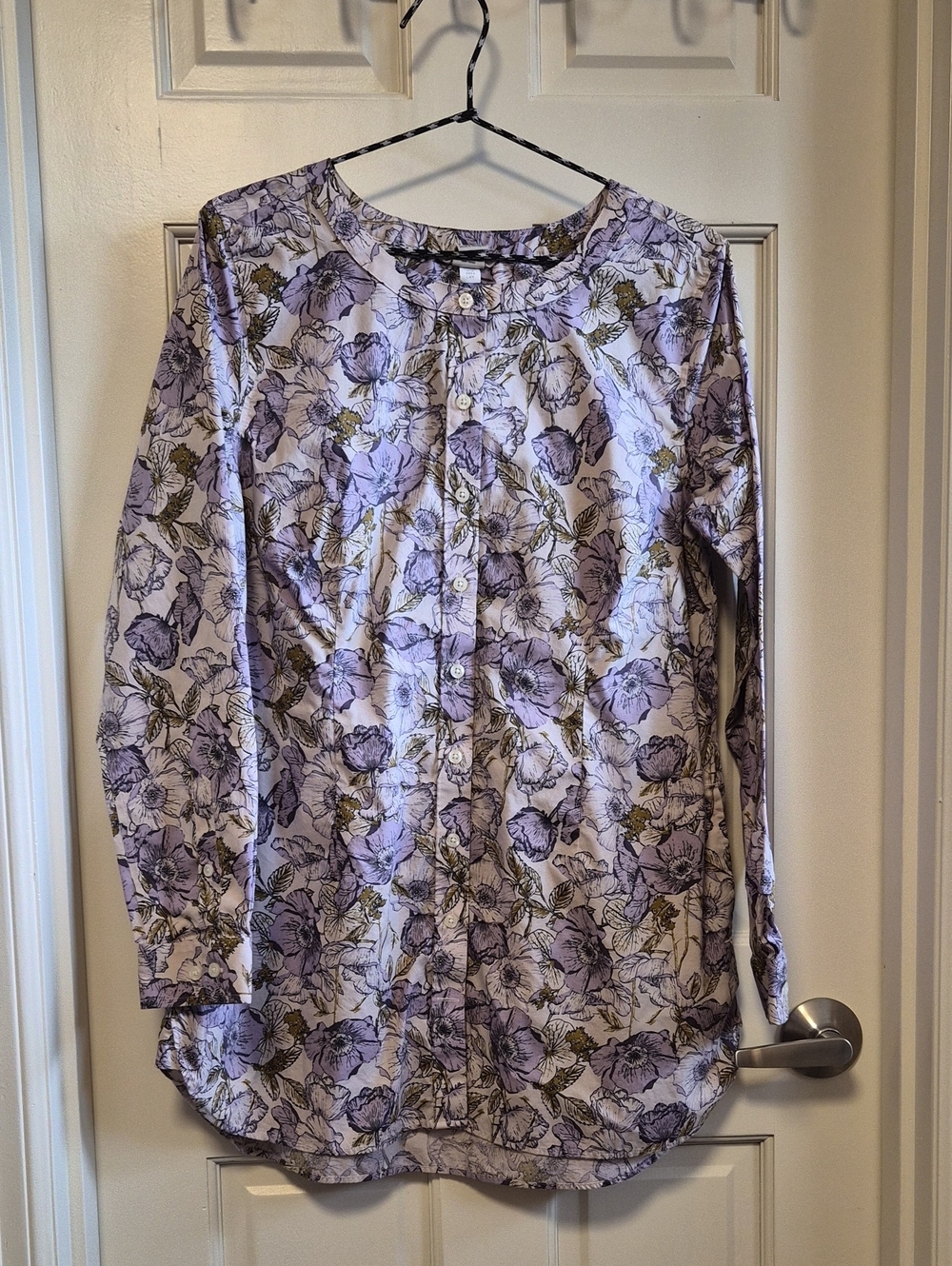 Duluth Wrinkle Fighter Long Sleeve Tunic Shirt Purple Floral Excellent Condition